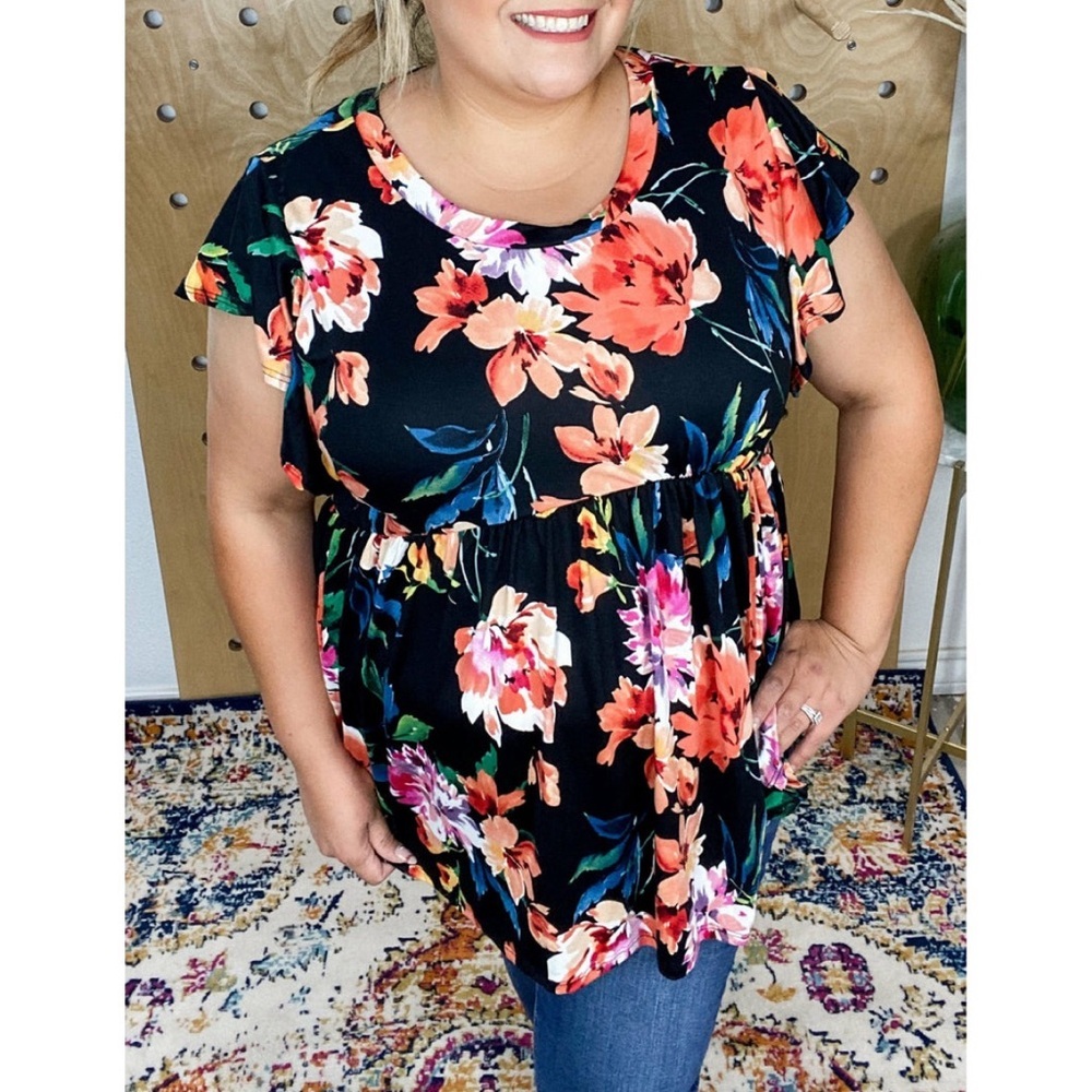 Haptics black floral print top with ruffle sleeves